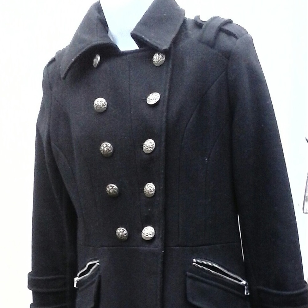 Guess women L black fitted gothic  pea coat  wool